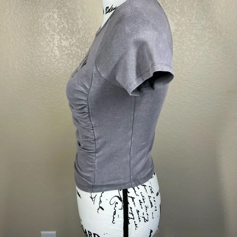 Just Polly Grey Crew neck Ruched-Front Baby Tee T-Shirt size M  Brooklyn casual